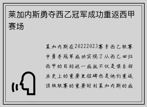 莱加内斯勇夺西乙冠军成功重返西甲赛场